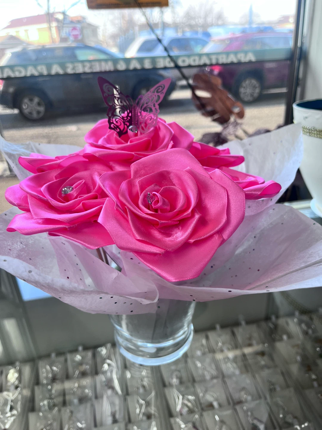 Artificial Rose Bouquet with Butterfly Accent