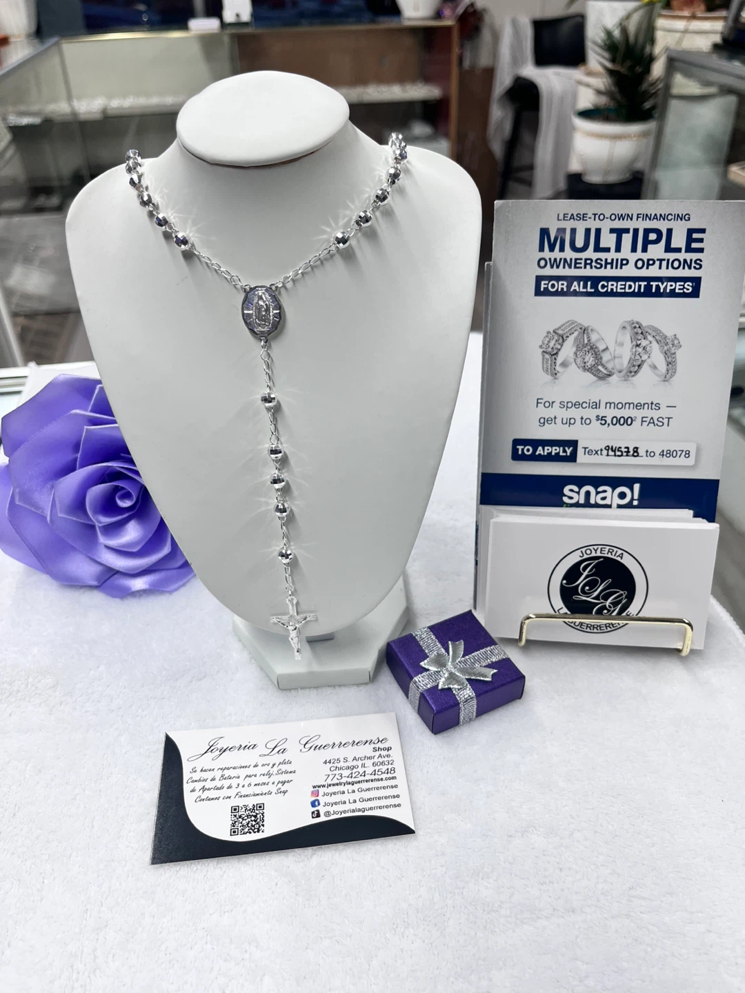 Silver Tone Rosary Necklace with Cross Pendant