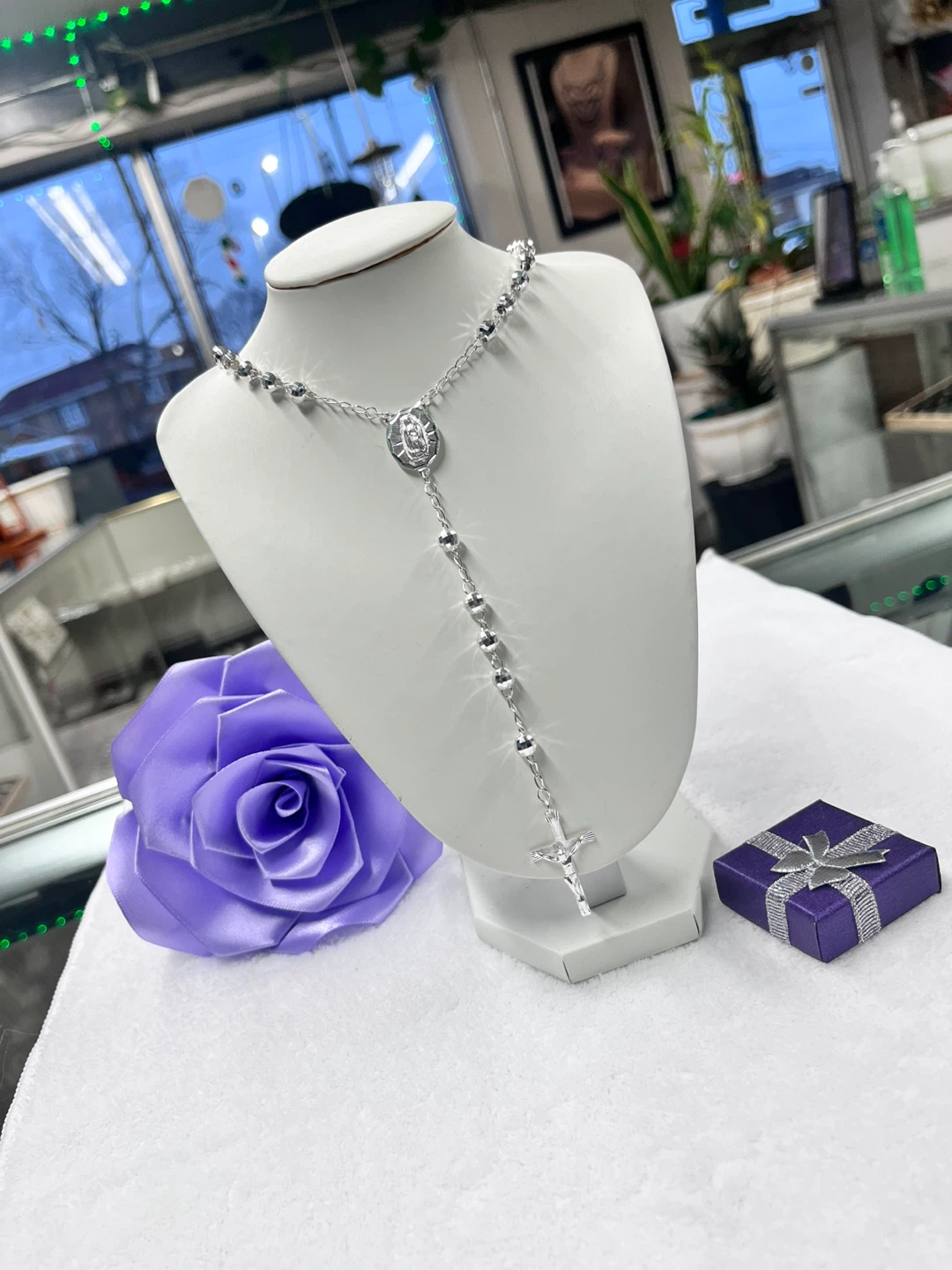 Silver Tone Rosary Necklace with Cross Pendant - photo 2