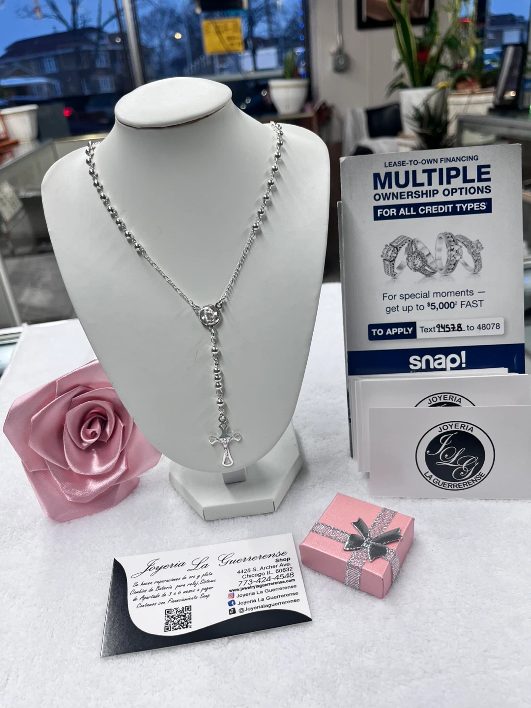Silver Rosary Necklace with Cross Pendant