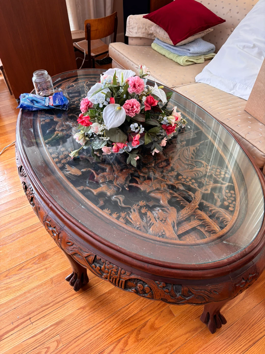 Vintage Oval Coffee Table with Glass Top and Carved Wood Base