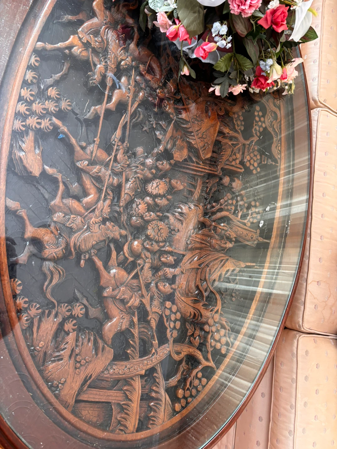 Vintage Oval Coffee Table with Glass Top and Carved Wood Base - photo 2