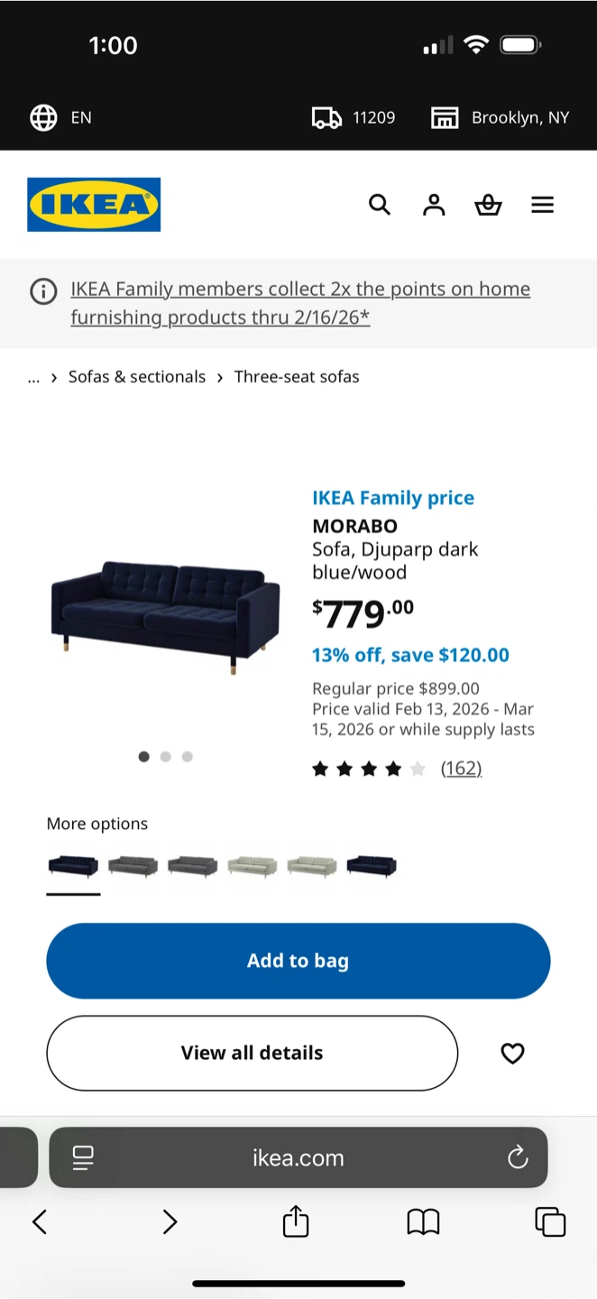 IKEA MORABO Sofa, blue velvet - photo 5