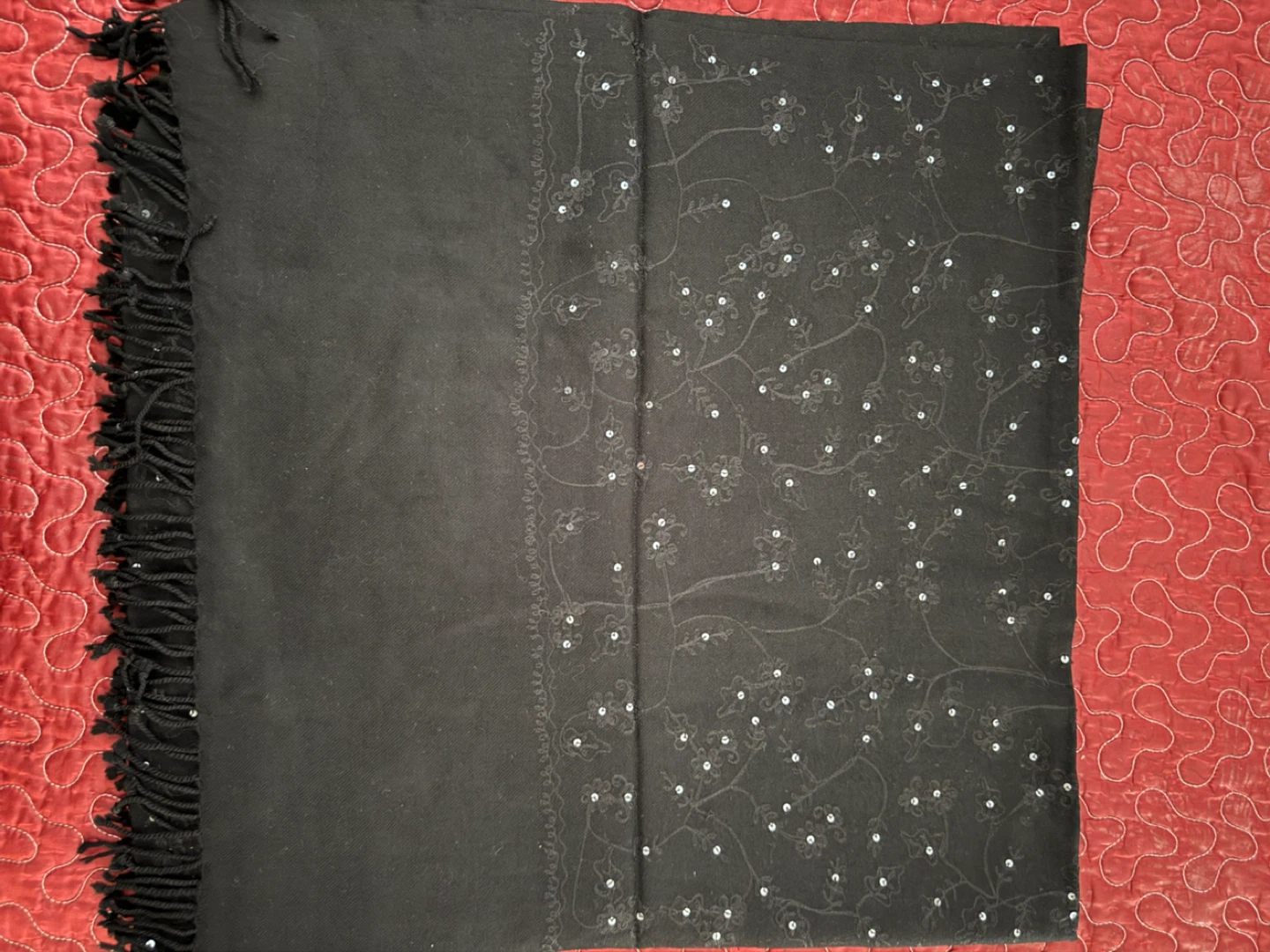 Black sequined Embroidery Shawl with fringe - photo 4