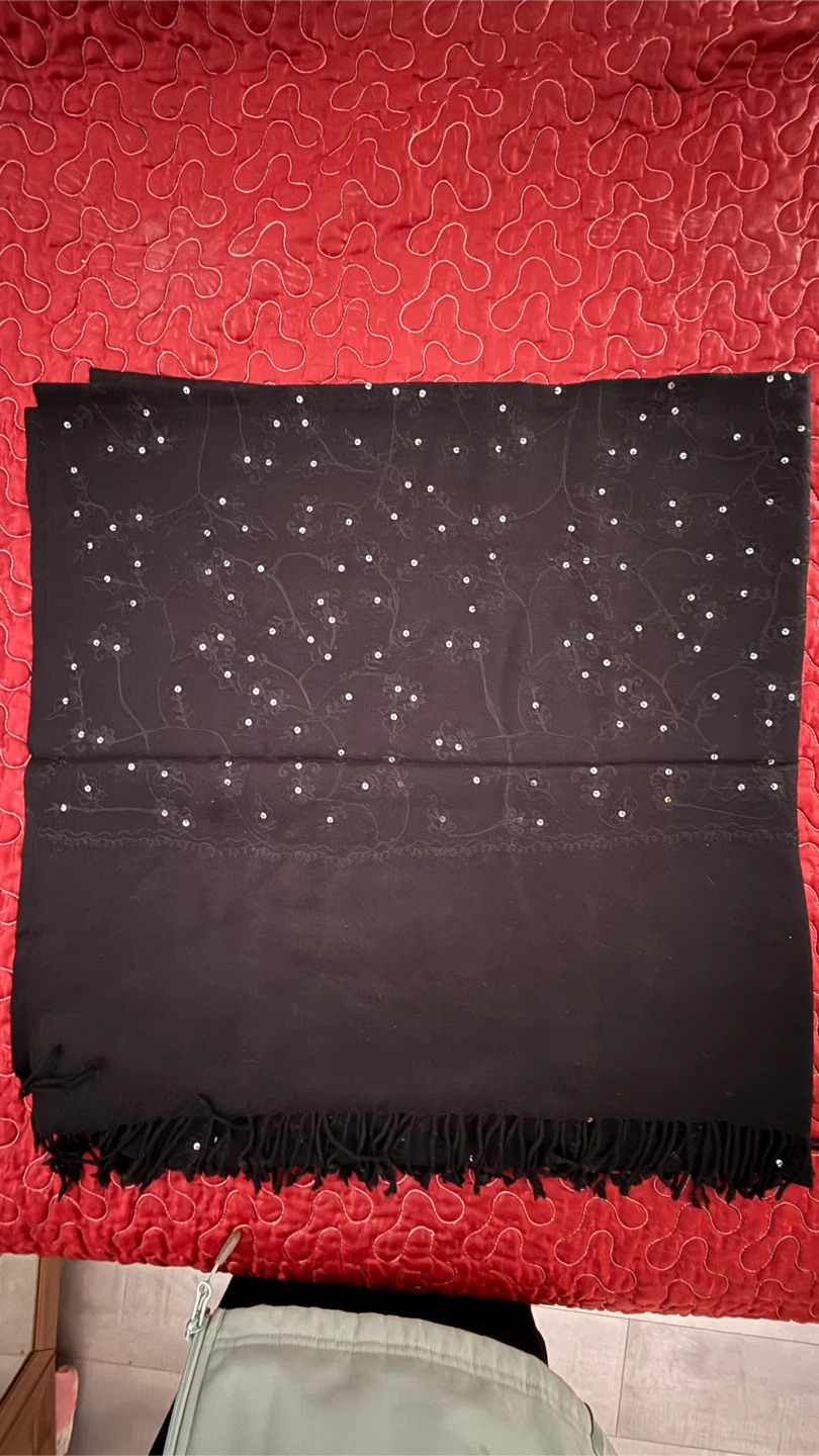 Black sequined Embroidery Shawl with fringe