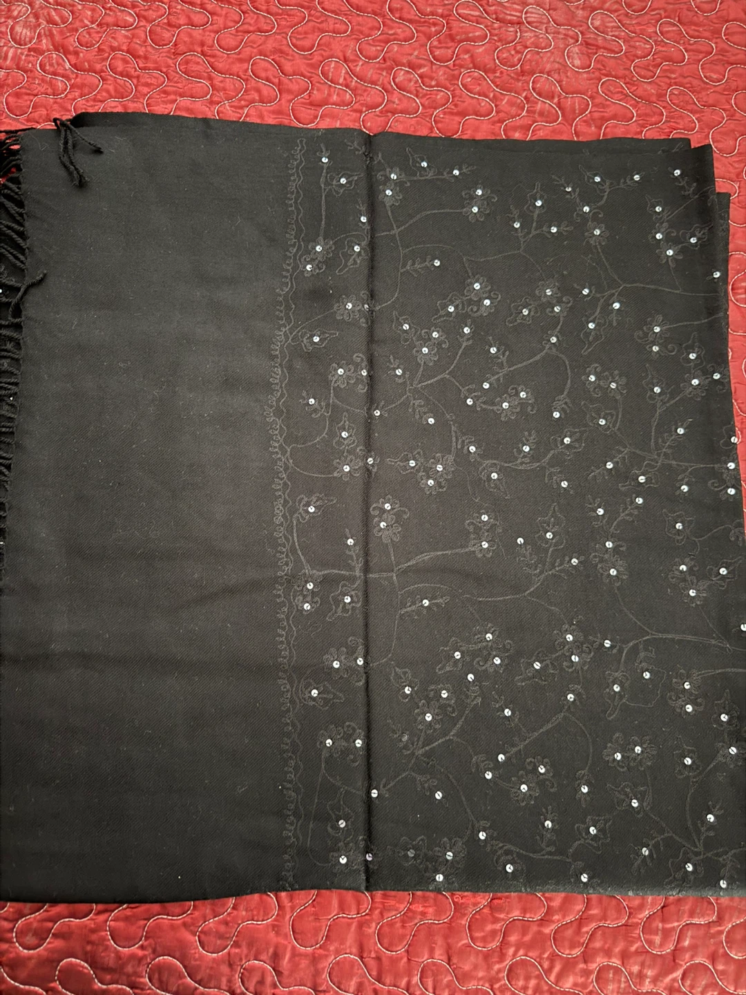 Black sequined Embroidery Shawl with fringe - photo 5