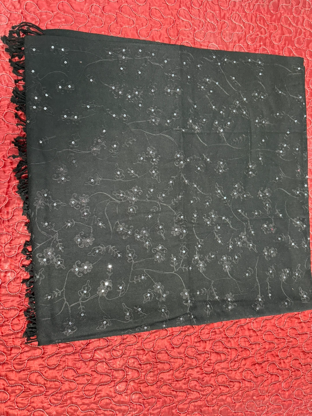 Black sequined Embroidery Shawl with fringe - photo 3
