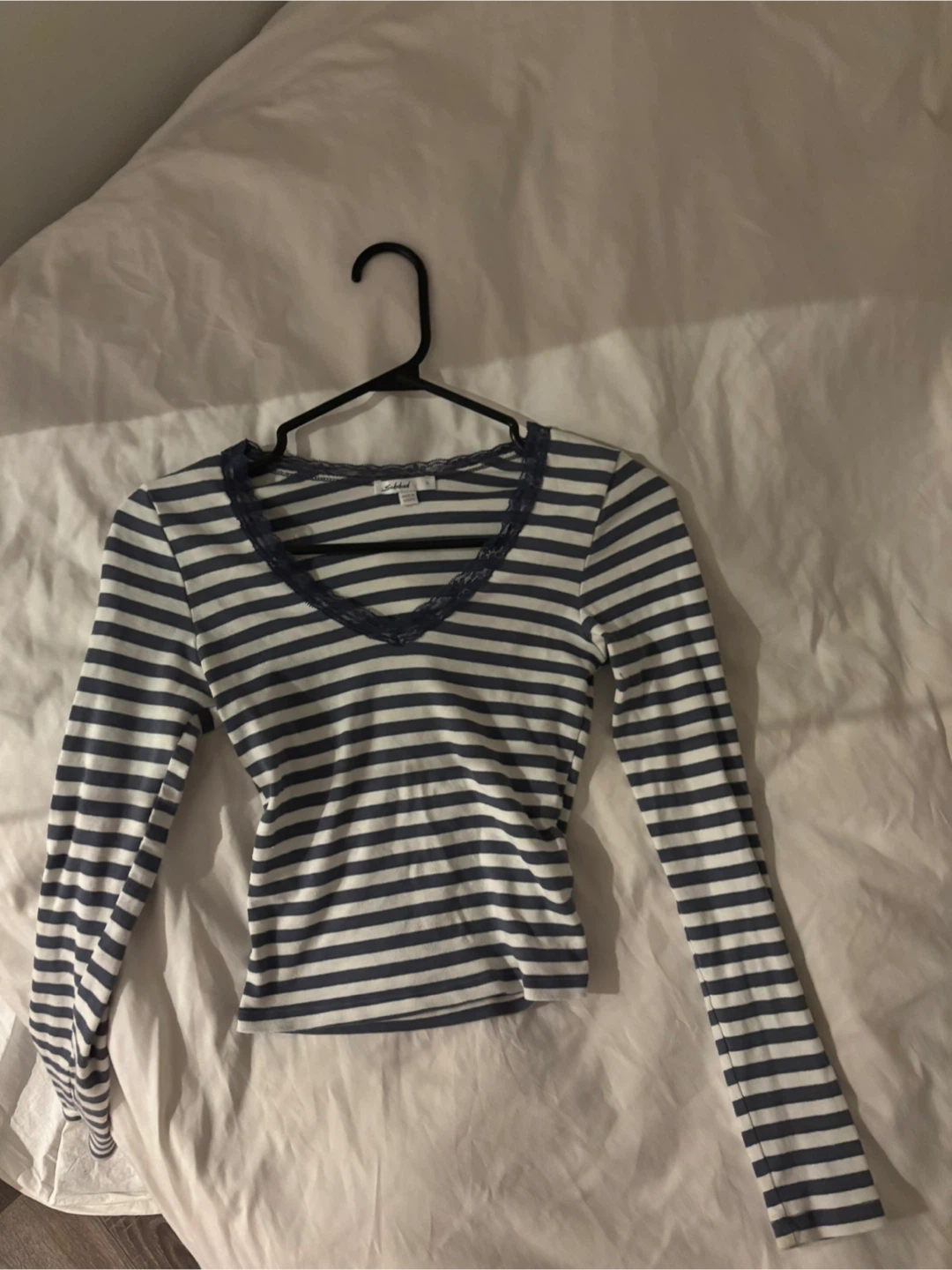 Subdued Striped Long Sleeve Top with Lace Trim