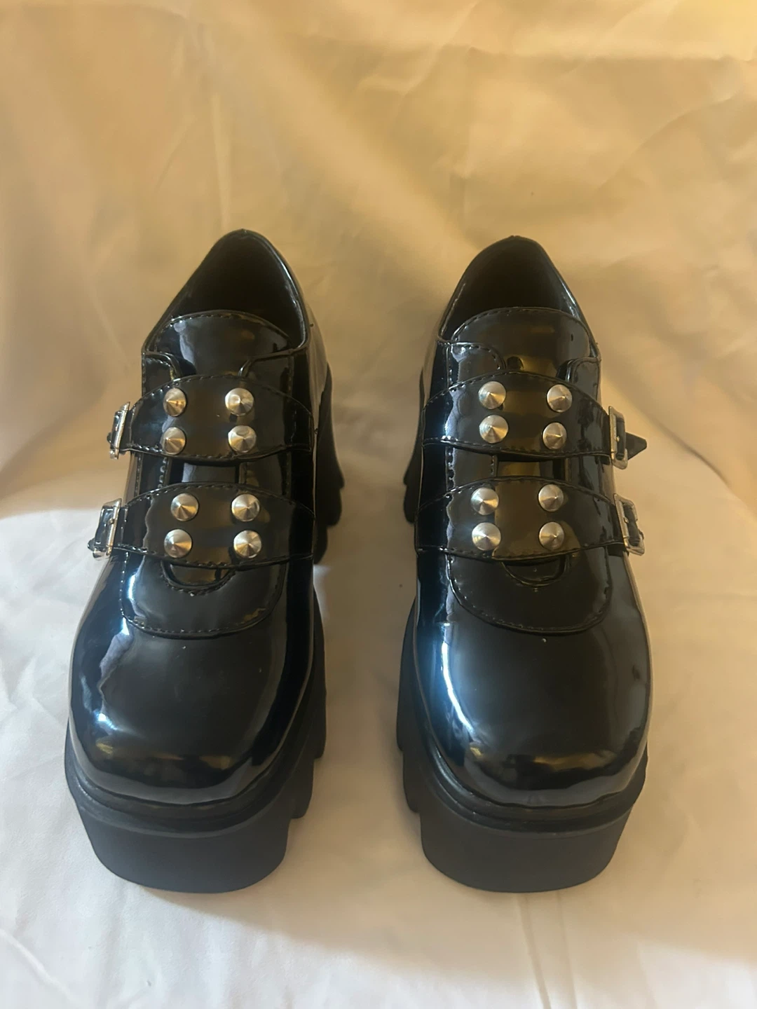 Black Patent Chunky Platform Loafers with Studs and Buckles