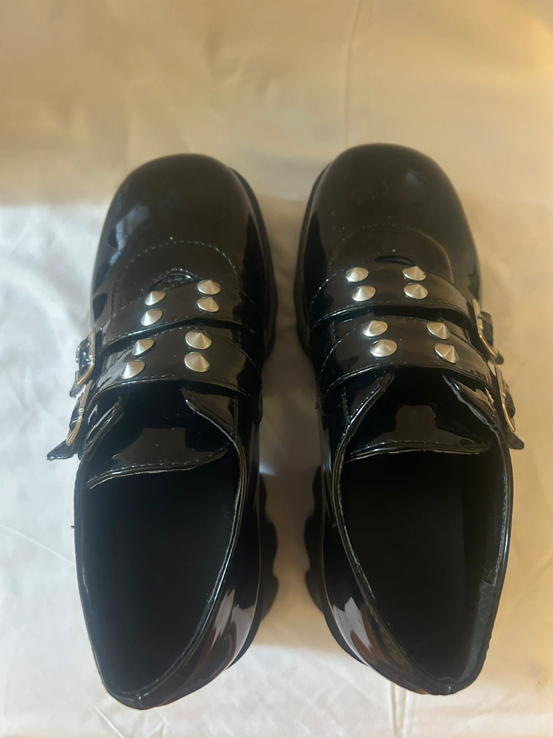 Black Patent Chunky Platform Loafers with Studs and Buckles - photo 3