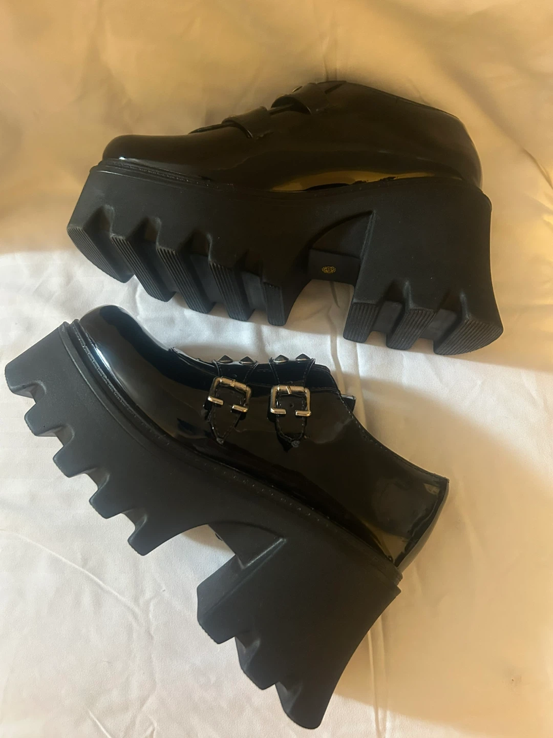 Black Patent Chunky Platform Loafers with Studs and Buckles - photo 5