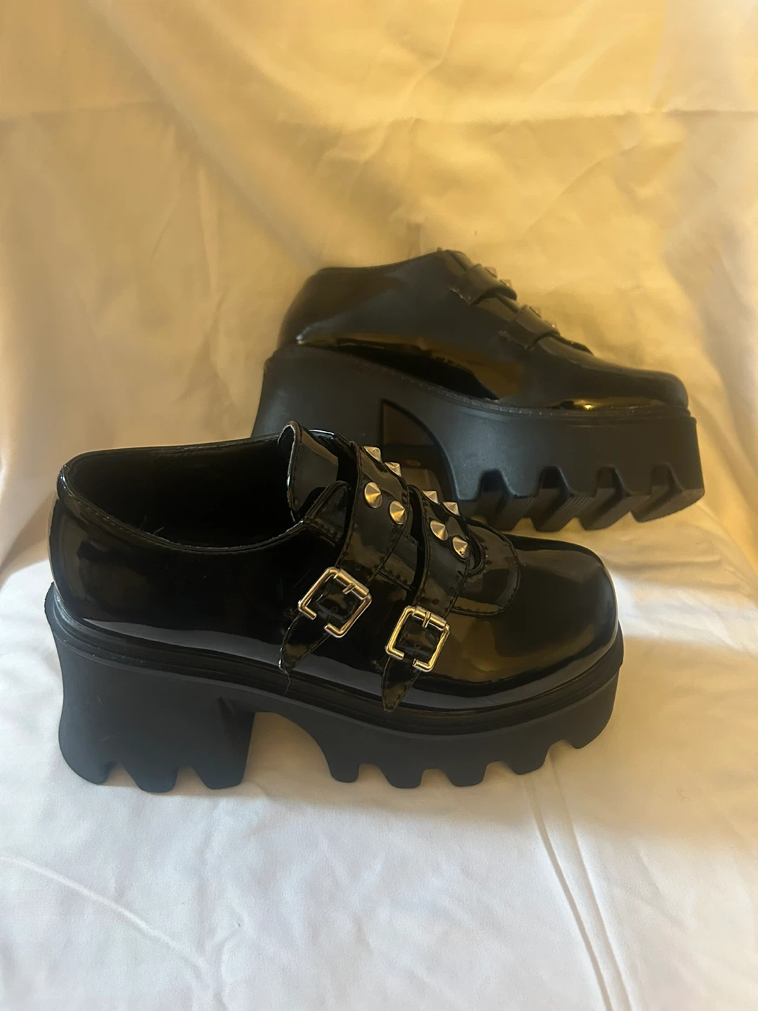Black Patent Chunky Platform Loafers with Studs and Buckles - photo 2