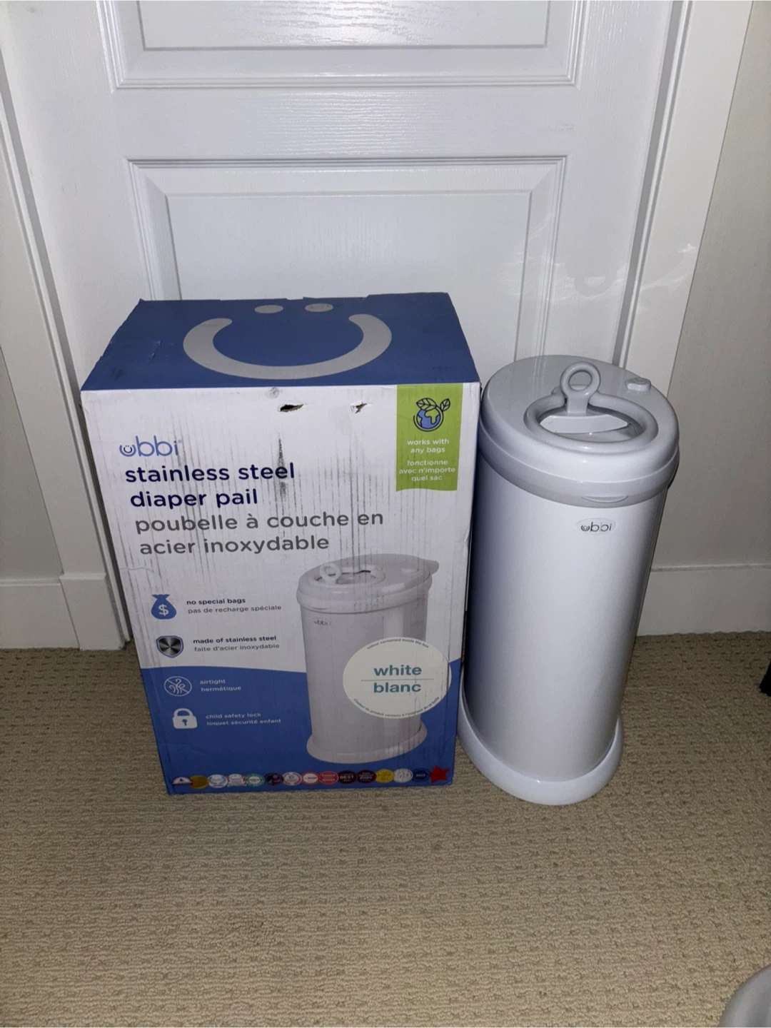 Ubbi Stainless Steel Diaper Pail - White