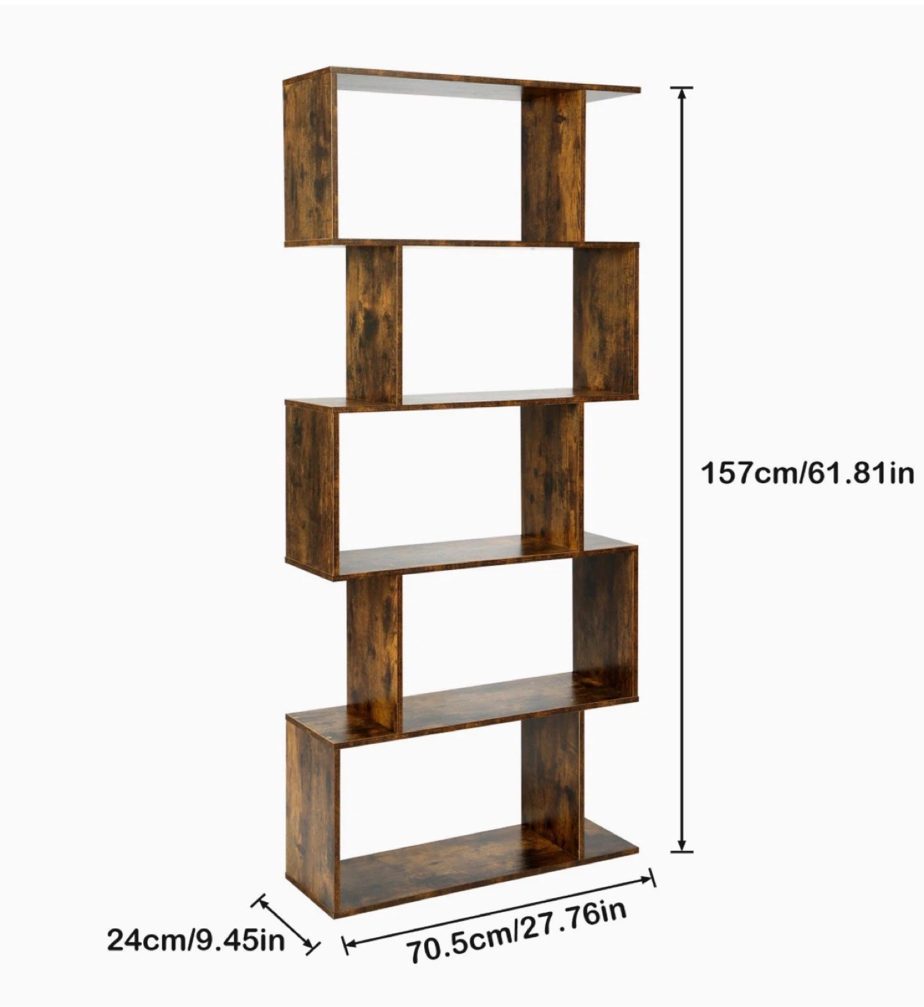 Modern Geometric Wood Bookshelf – 5 Tier Rustic Brown
