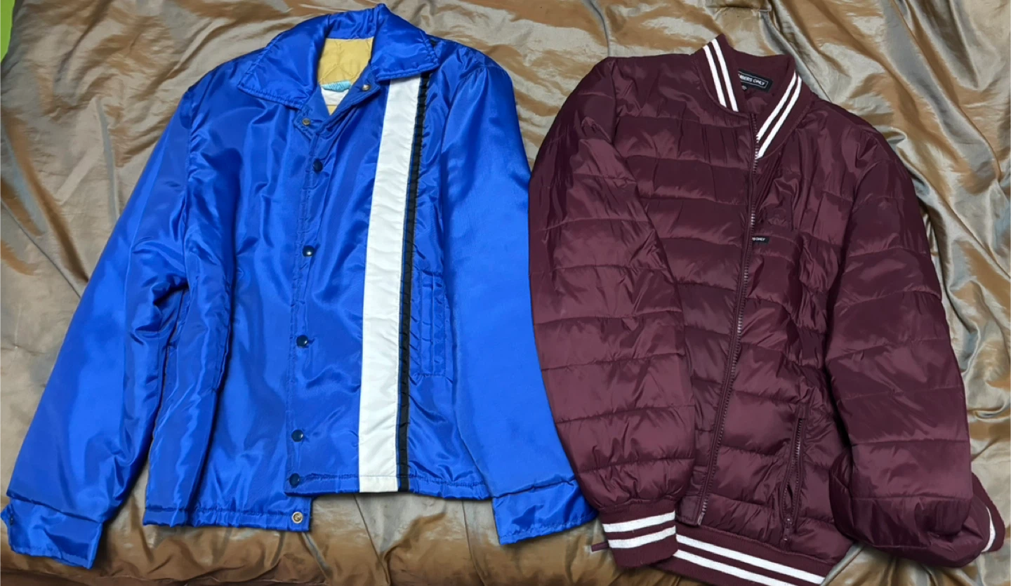 Members Only Maroon Bomber Jacket & Jim's Cycle Blue Jacket