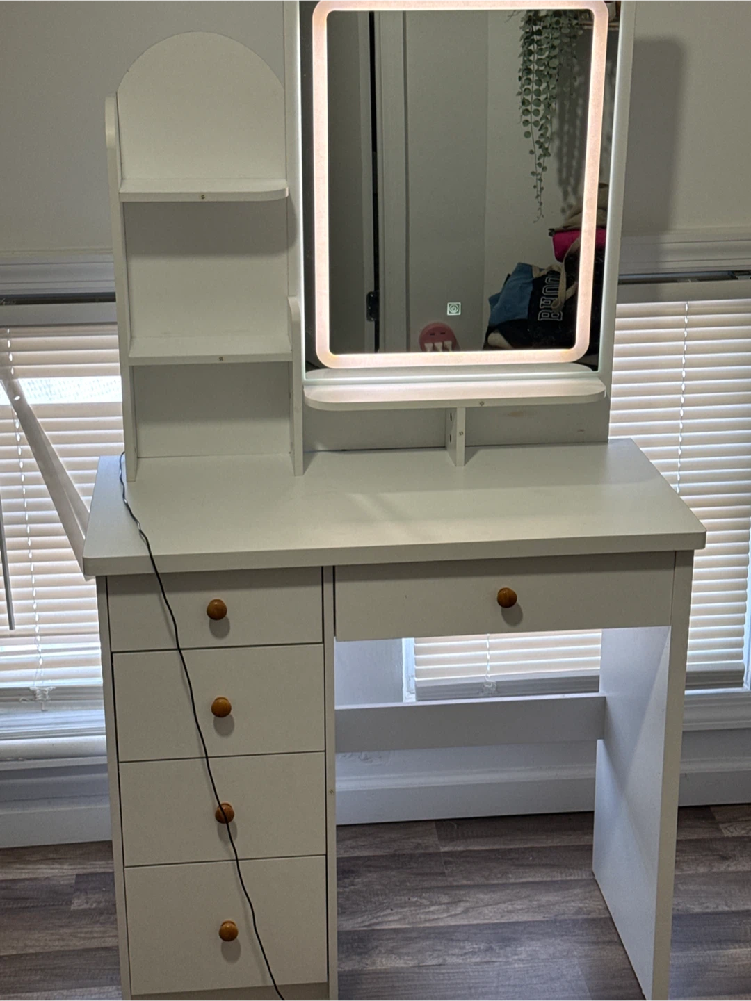 White Vanity Desk with LED Mirror and Storage Shelves