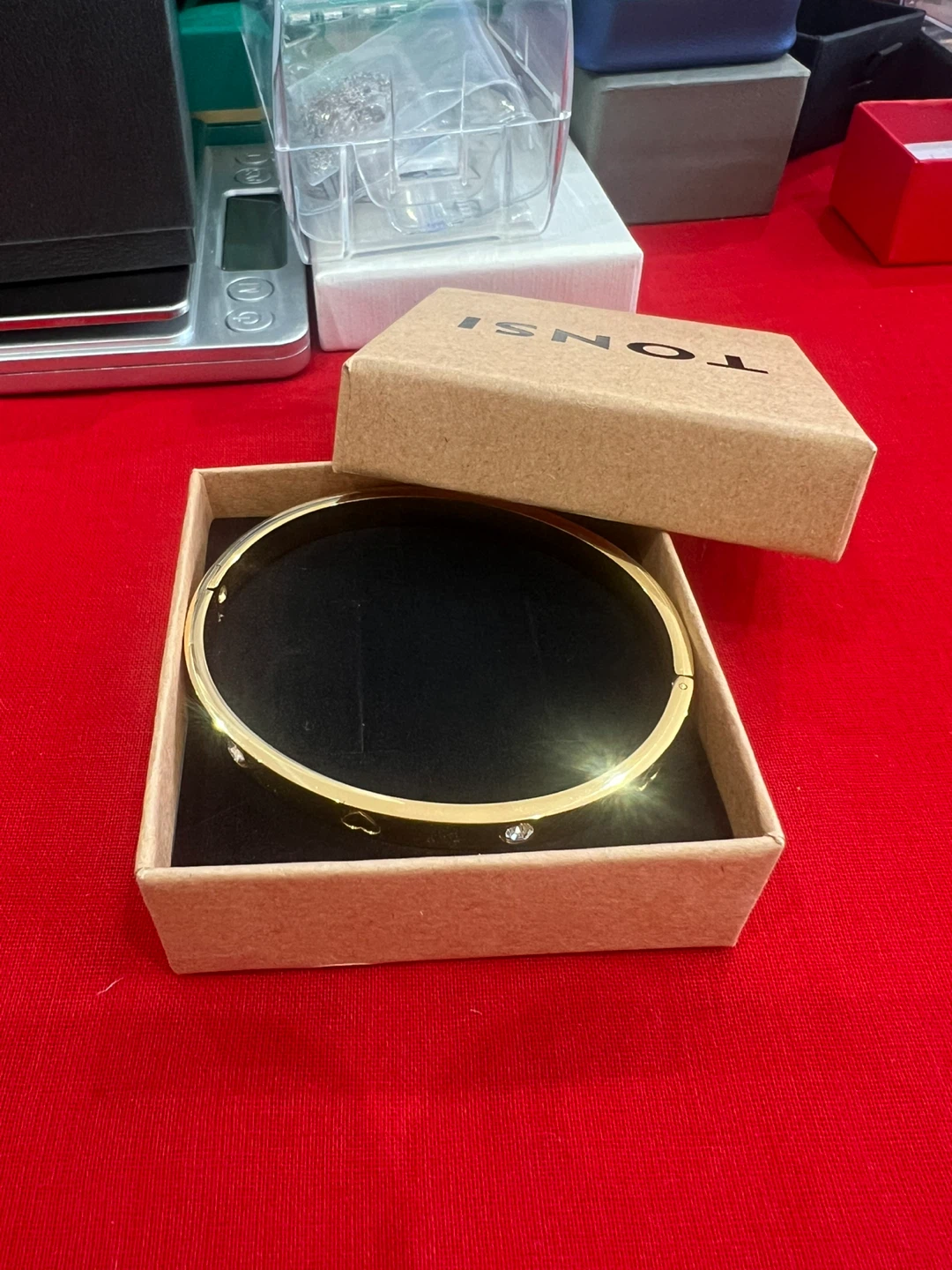 TONSI Gold Tone Bangle Bracelet with Crystals