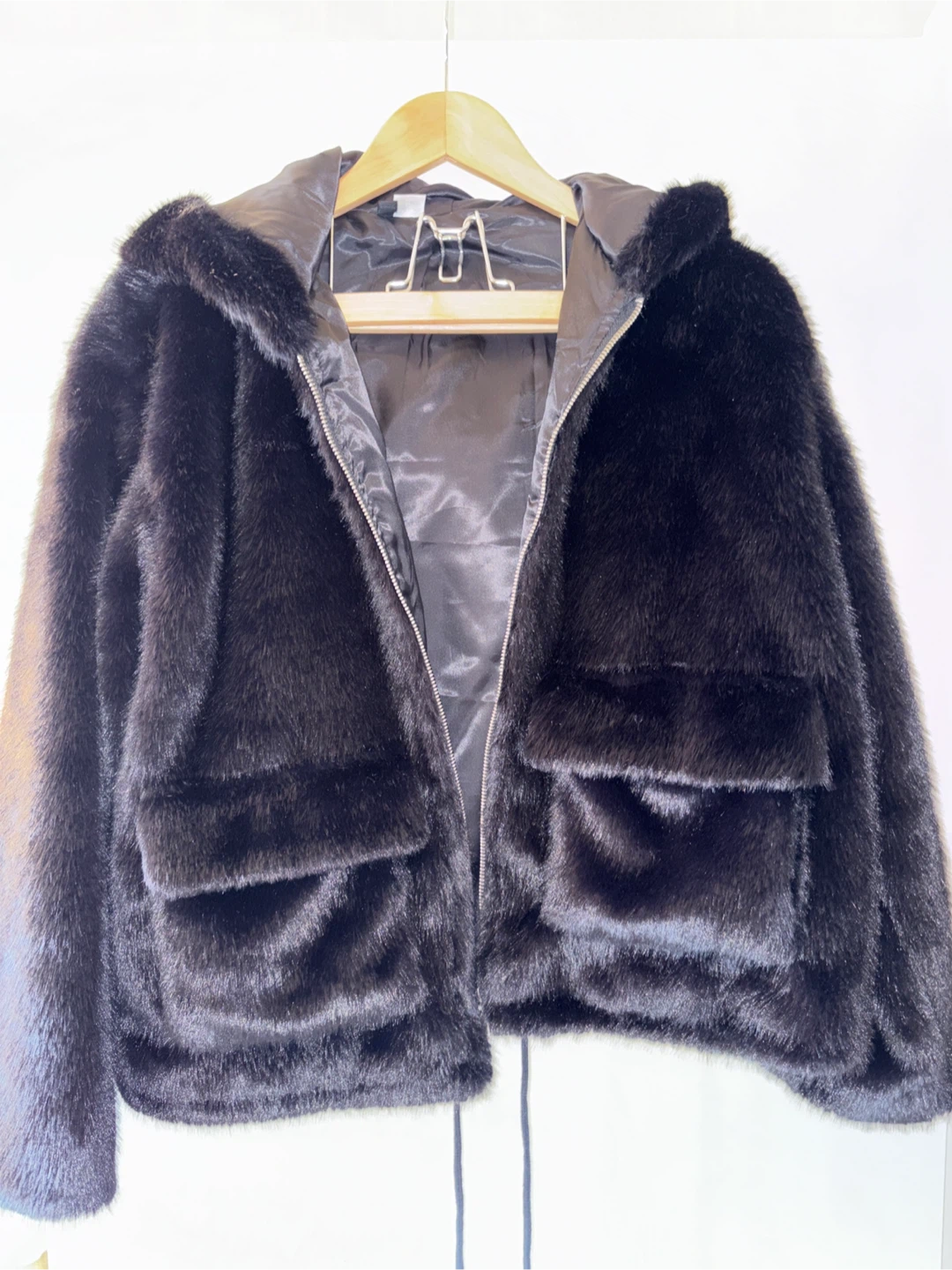 H&M Black Faux Fur Hooded Jacket XL
