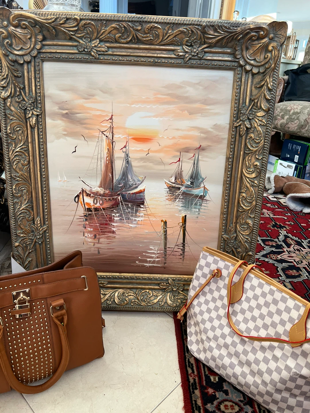 Framed Nautical Sailboat Painting