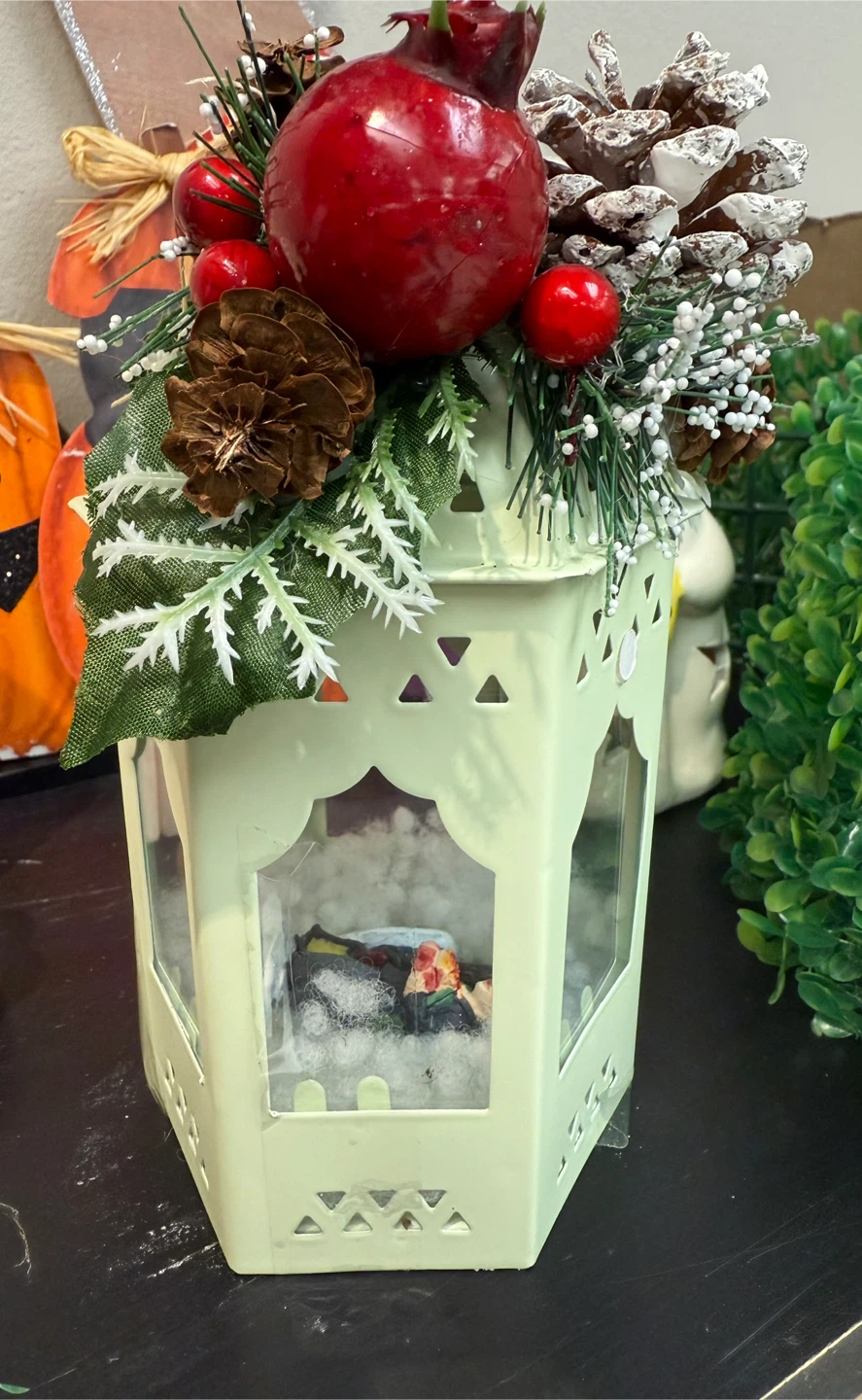 Decorative Lantern with Pomegranate and Pinecone Topper