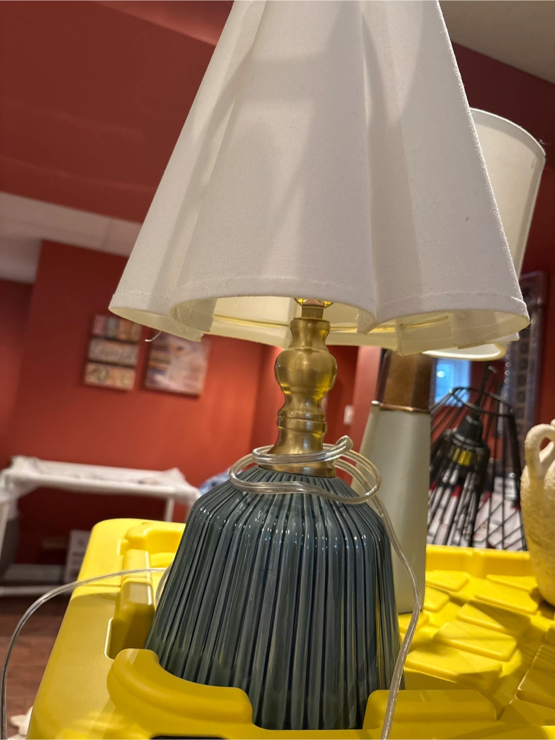 Blue Ceramic Table Lamp with White Pleated Shade - photo 3