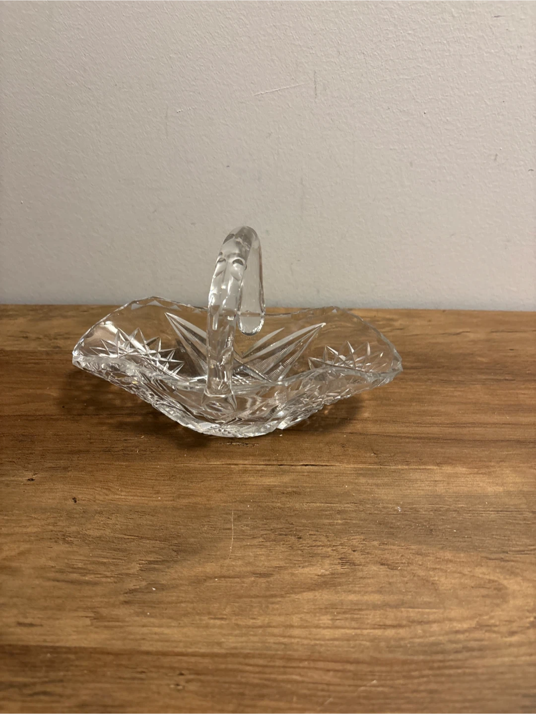 Vintage Pinwheel Crystal  Basket with Handle 8x4x5 inches