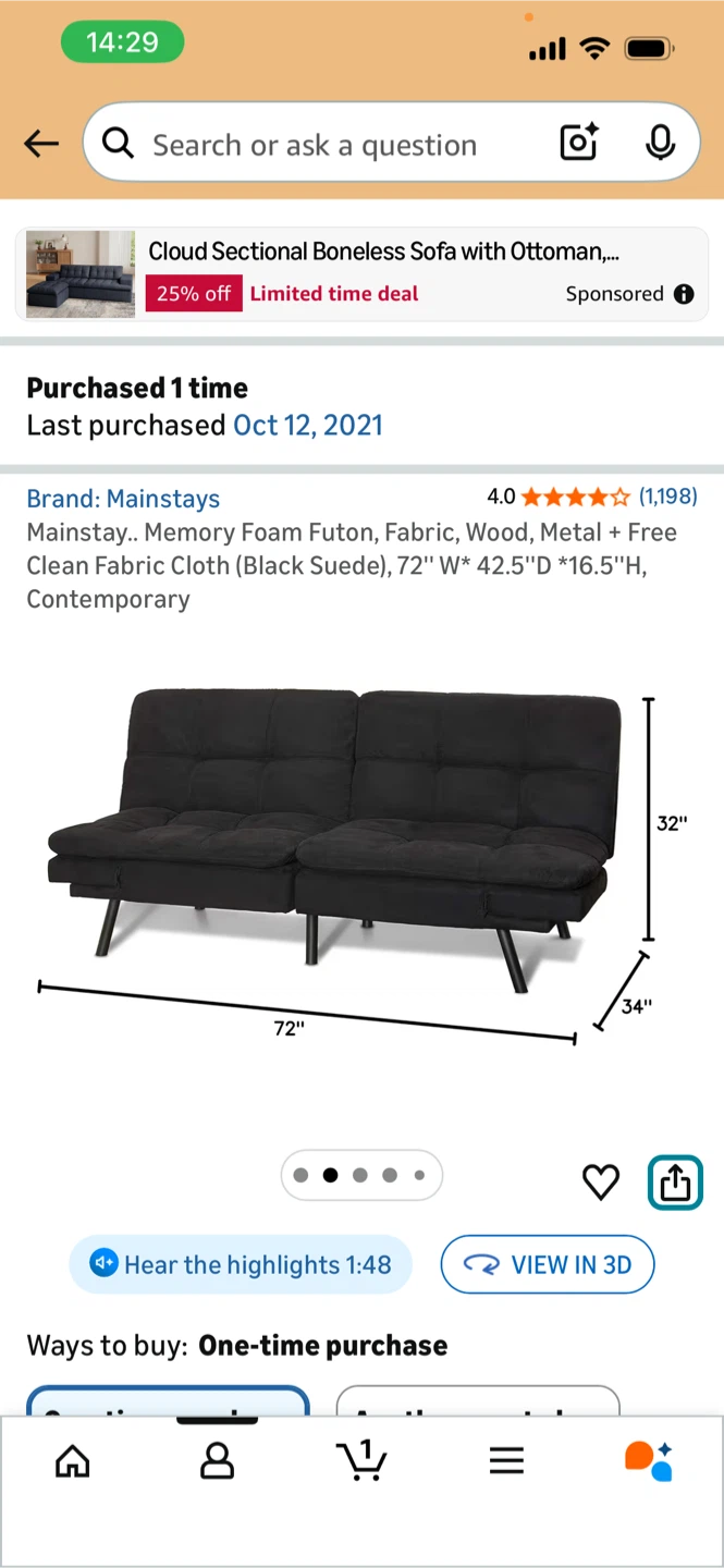 Mainstays Black Suede Memory Foam Futon