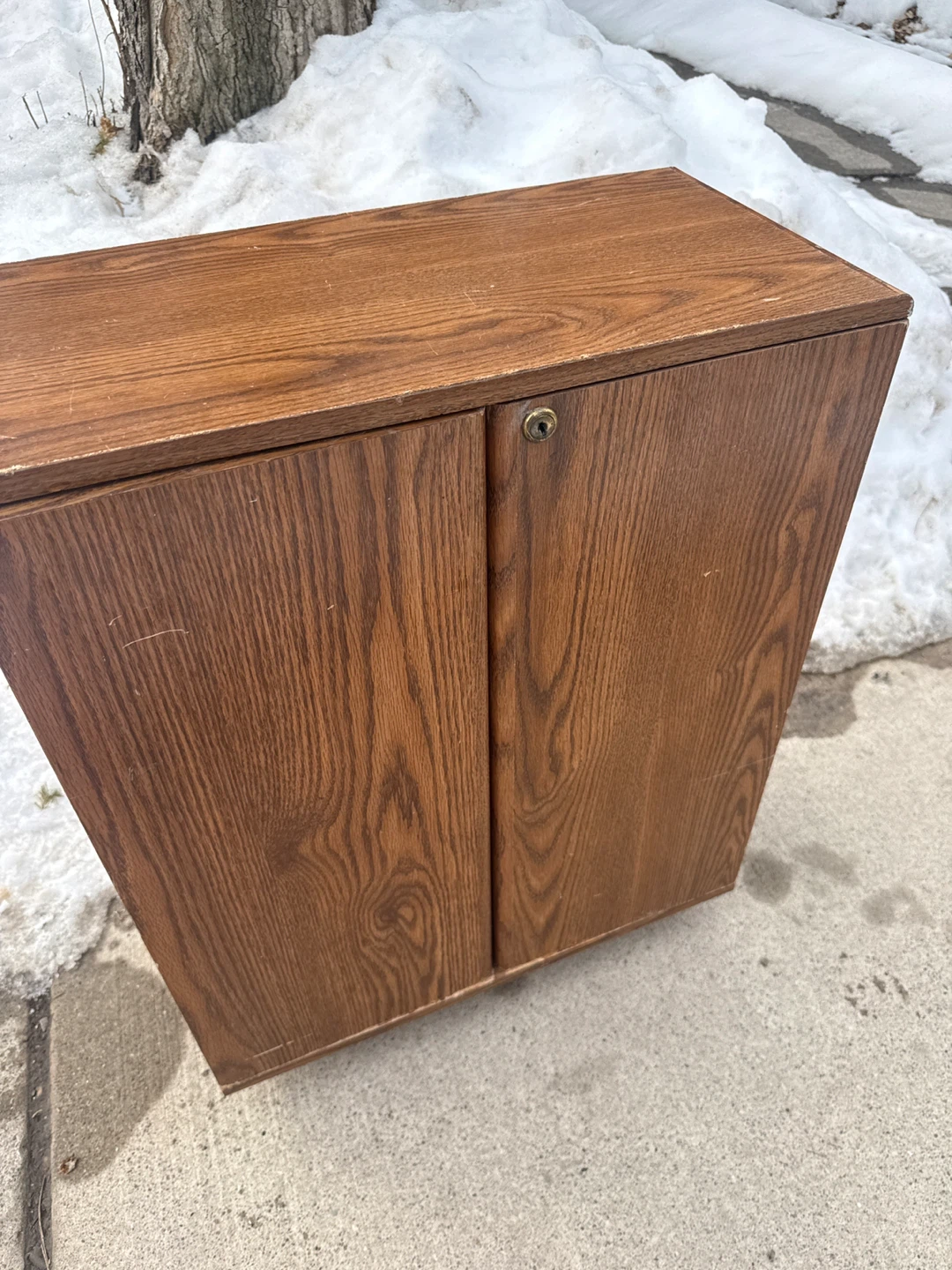 Oak Finish Storage Cabinet with Lock