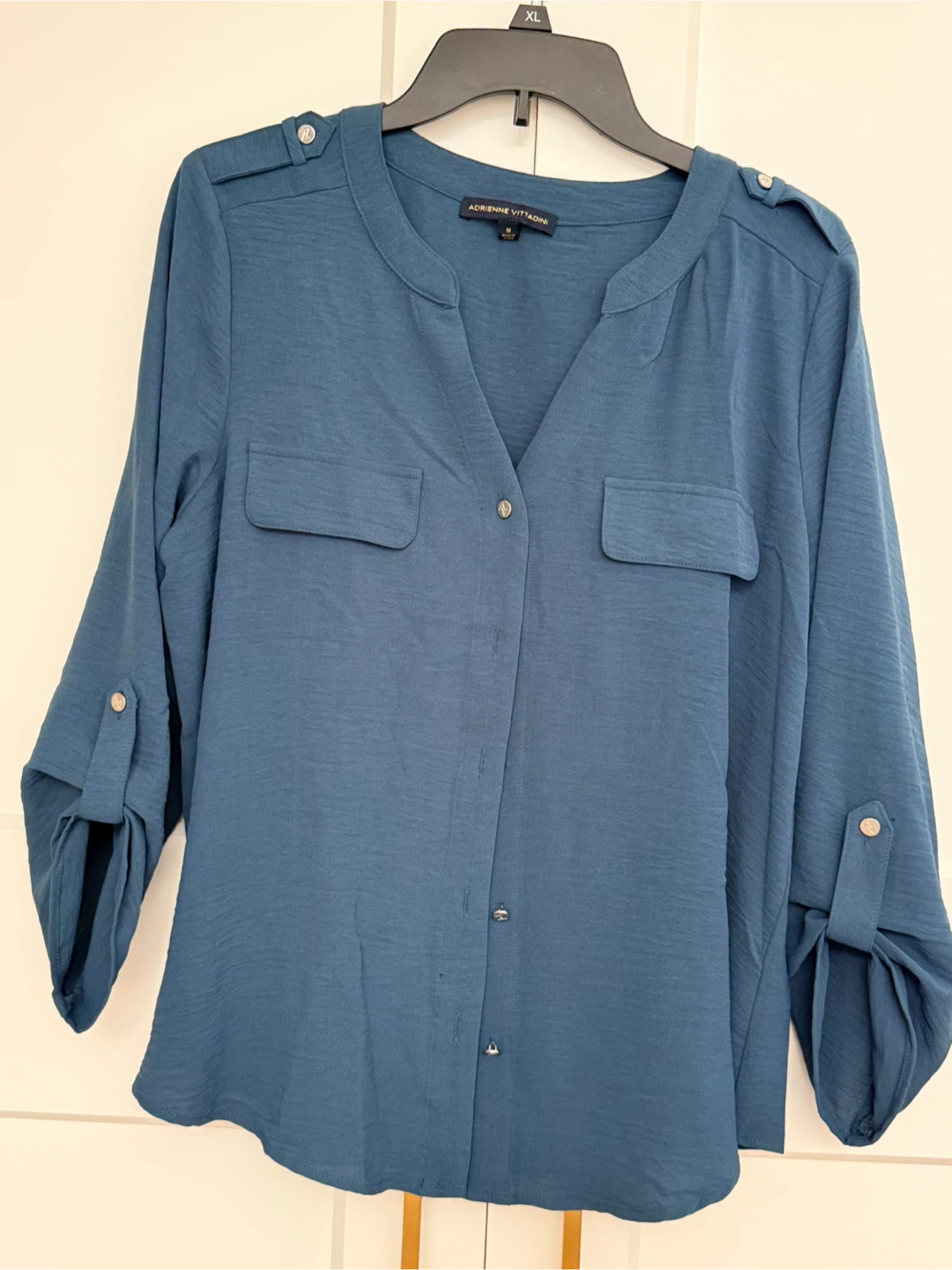 Adrienne Vittadini Teal Roll-Tab Sleeve Button-Up Blouse Size M