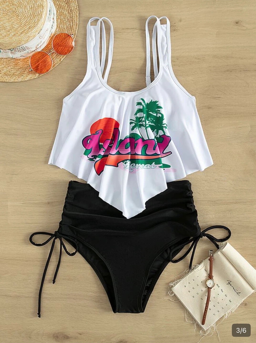 White Tankini Swimsuit with Black High-Waisted Bottoms