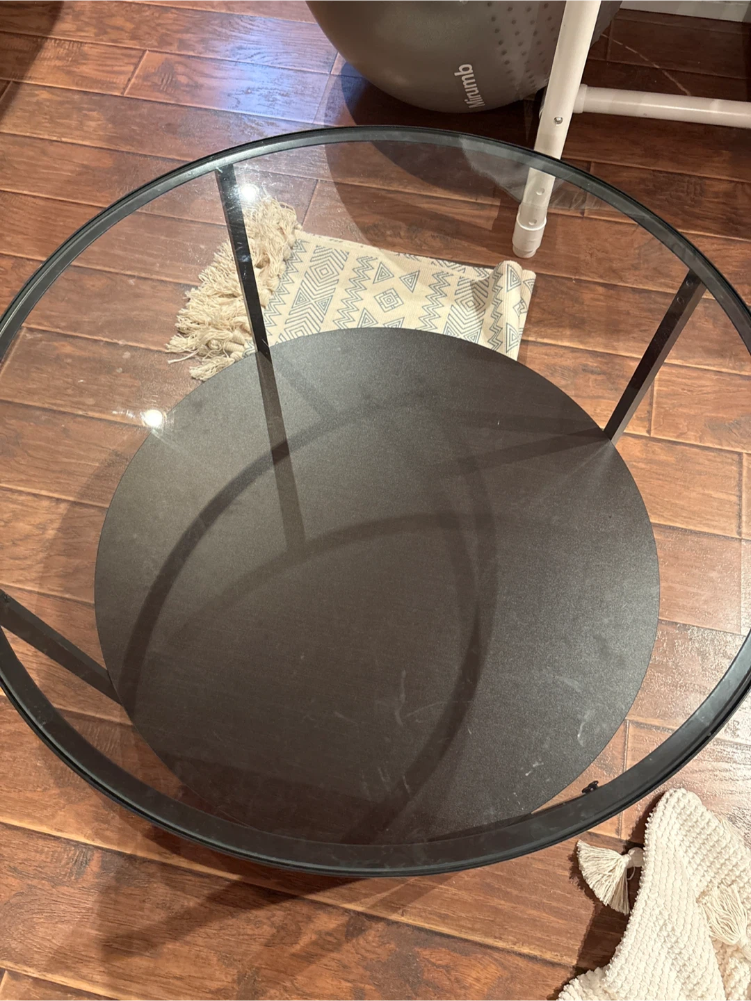 Round Coffee Table with Glass Top and Lower Shelf