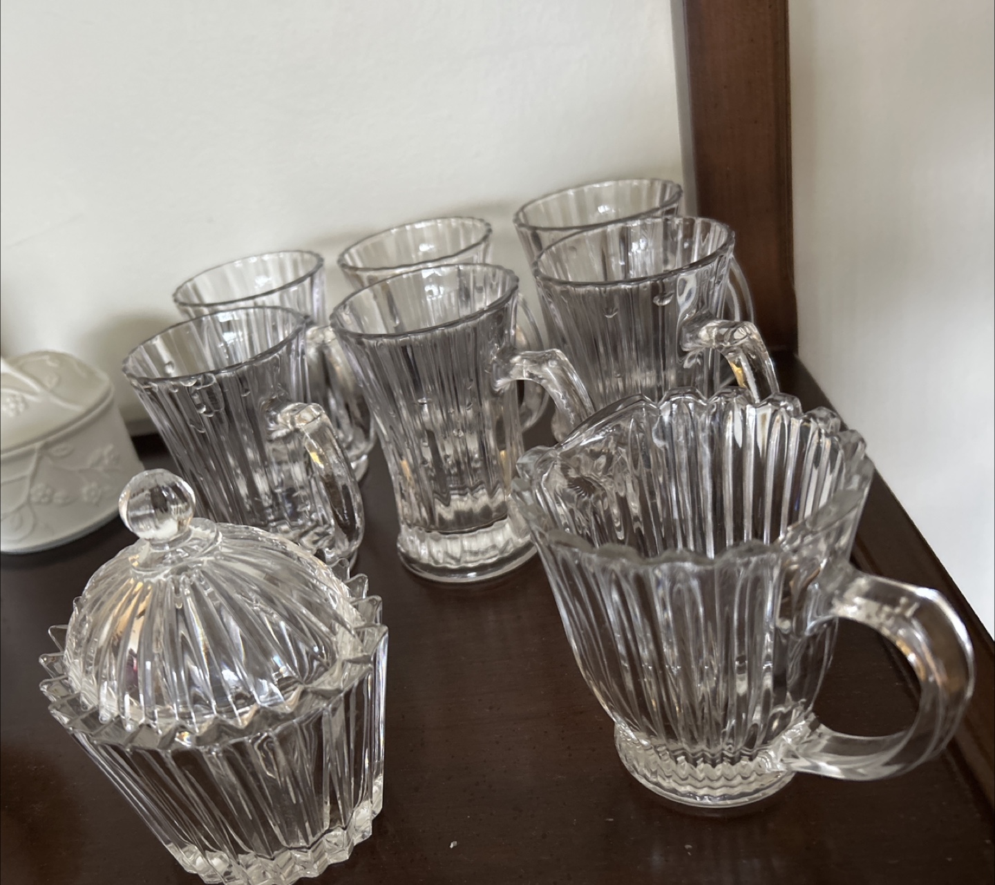 Set of 6 Clear Glass Mugs with Sugar Bowl