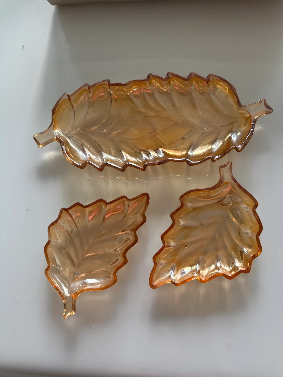 Set of 3 Amber Glass Leaf Dishes