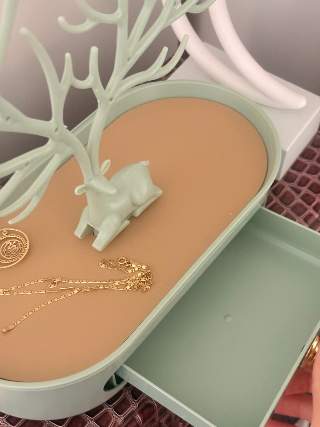 Mint Green Deer Antler Jewelry Organizer Tray with Drawer - photo 2