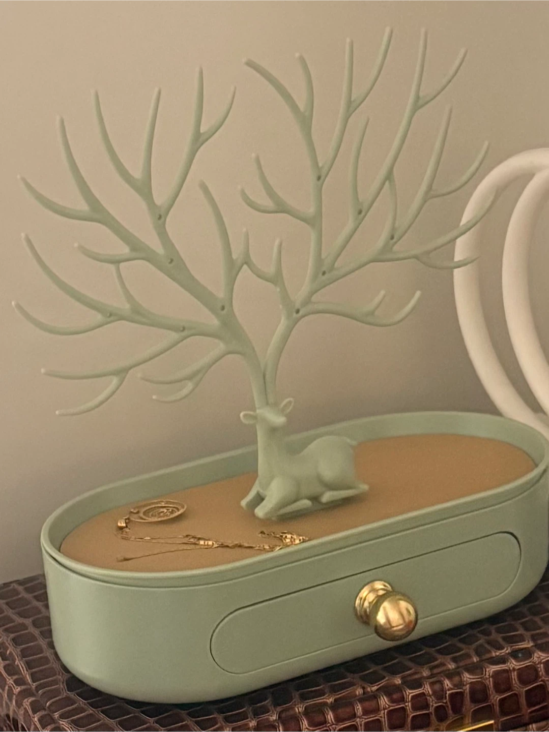 Mint Green Deer Antler Jewelry Organizer Tray with Drawer
