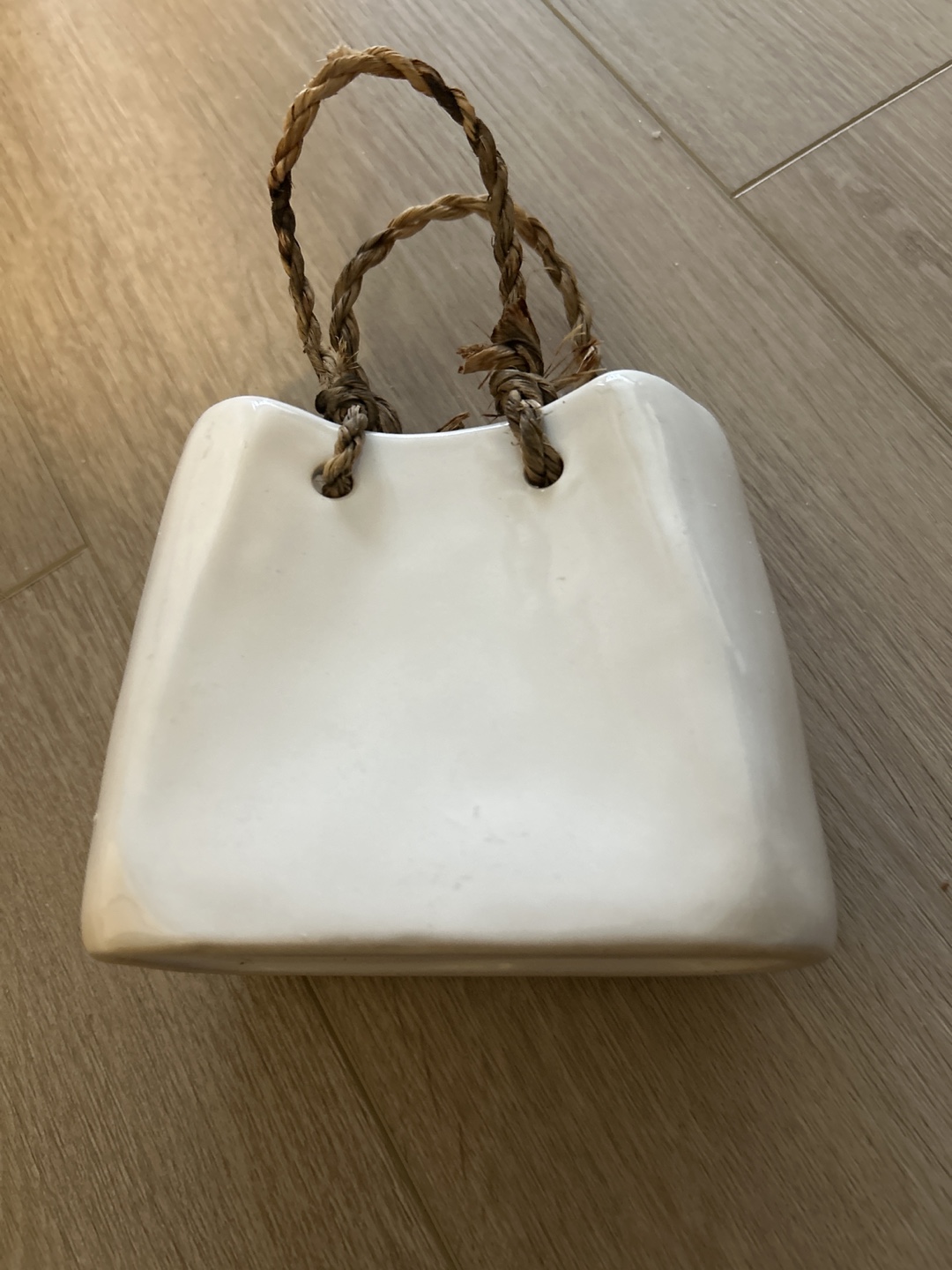 White Ceramic Bag Planter with Rope Handles