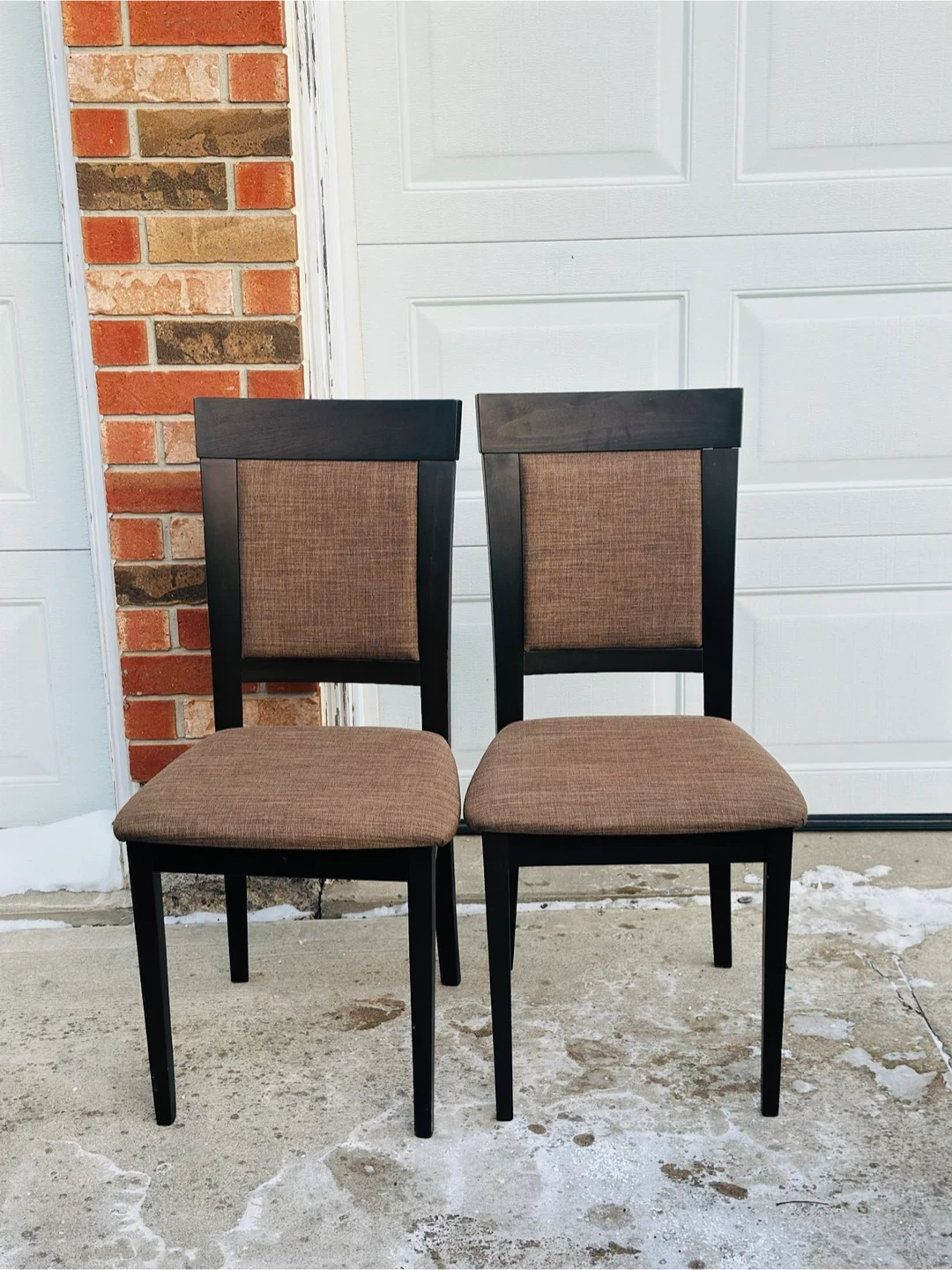 Set of 2 Dining Chairs - Brown Fabric, Dark Wood Frame