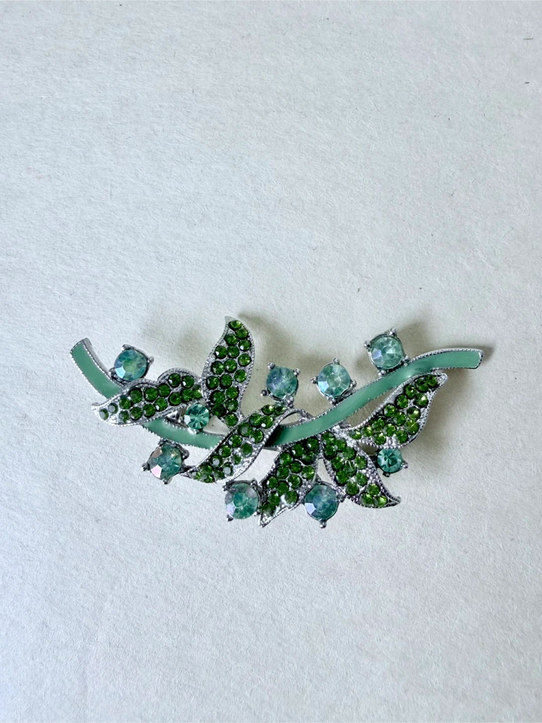 Green Leaf Brooch with Rhinestones