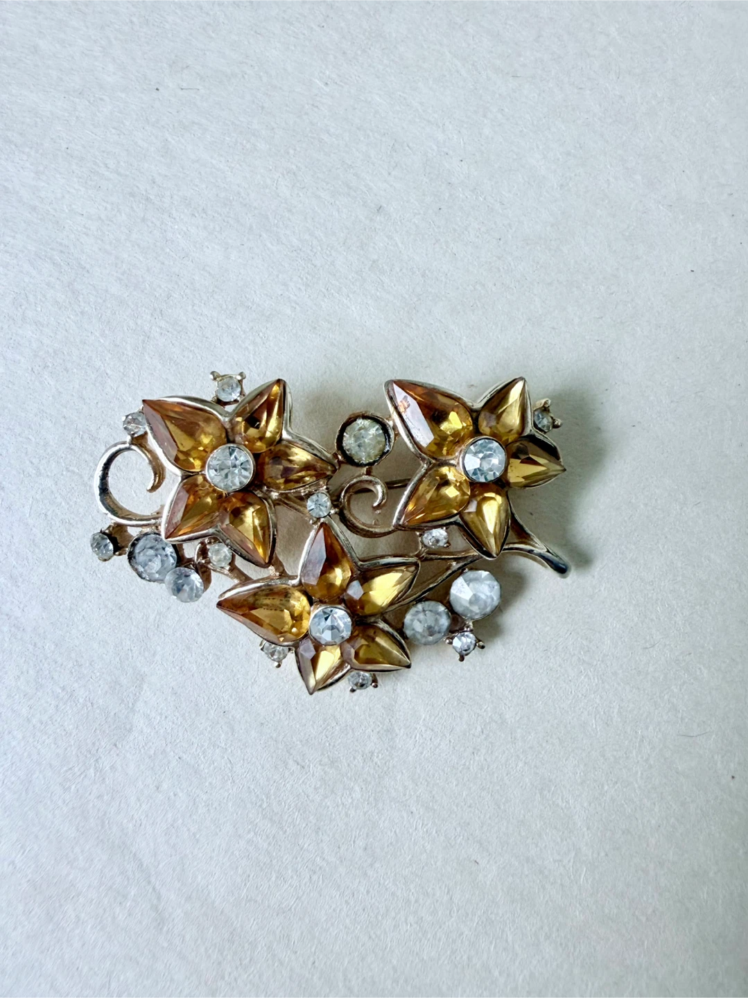 Gold Tone Flower Brooch with Amber and Clear Crystals