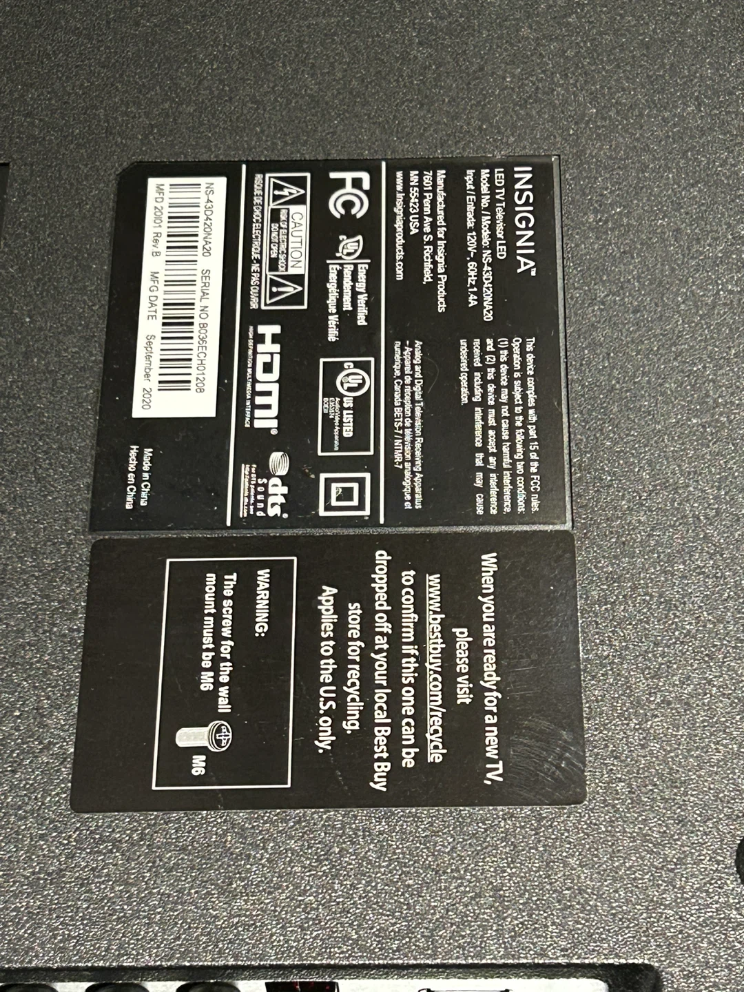 Broken***Insignia 43" LED TV NS-43D420NA20