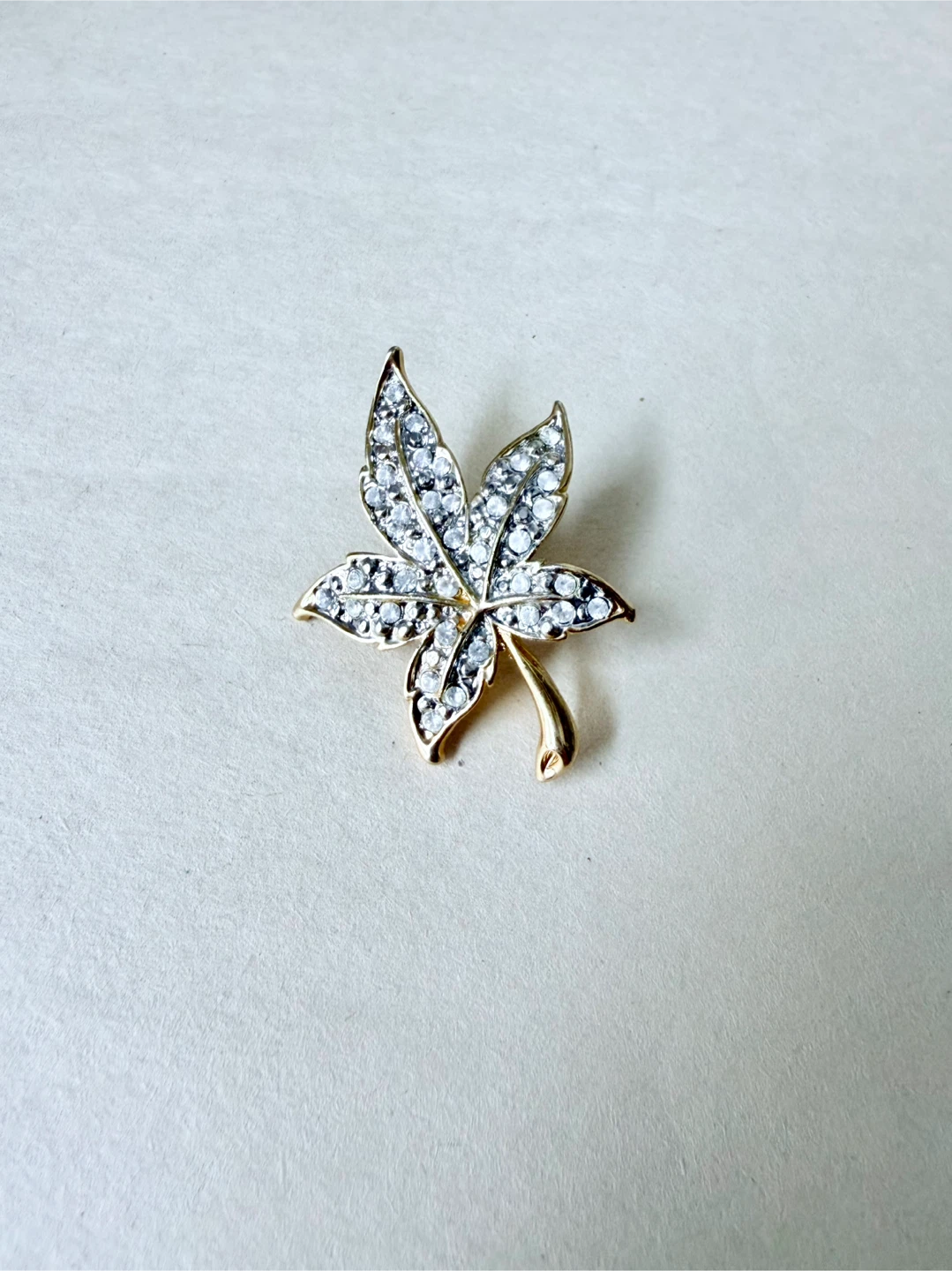 Gold Leaf Brooch with Clear Stones
