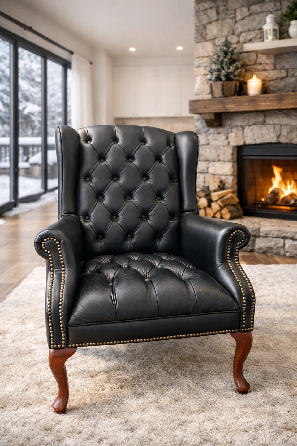 Black Leather Tufted Wingback Chair