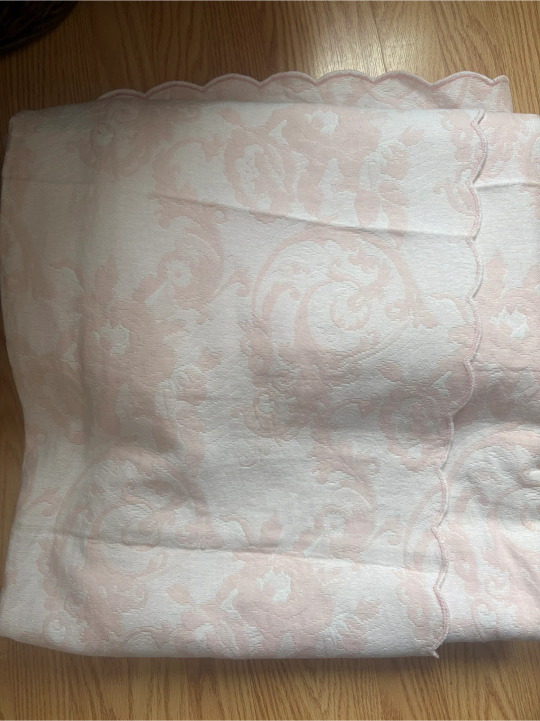 Pale Pink Damask Fabric with Scalloped Edge
