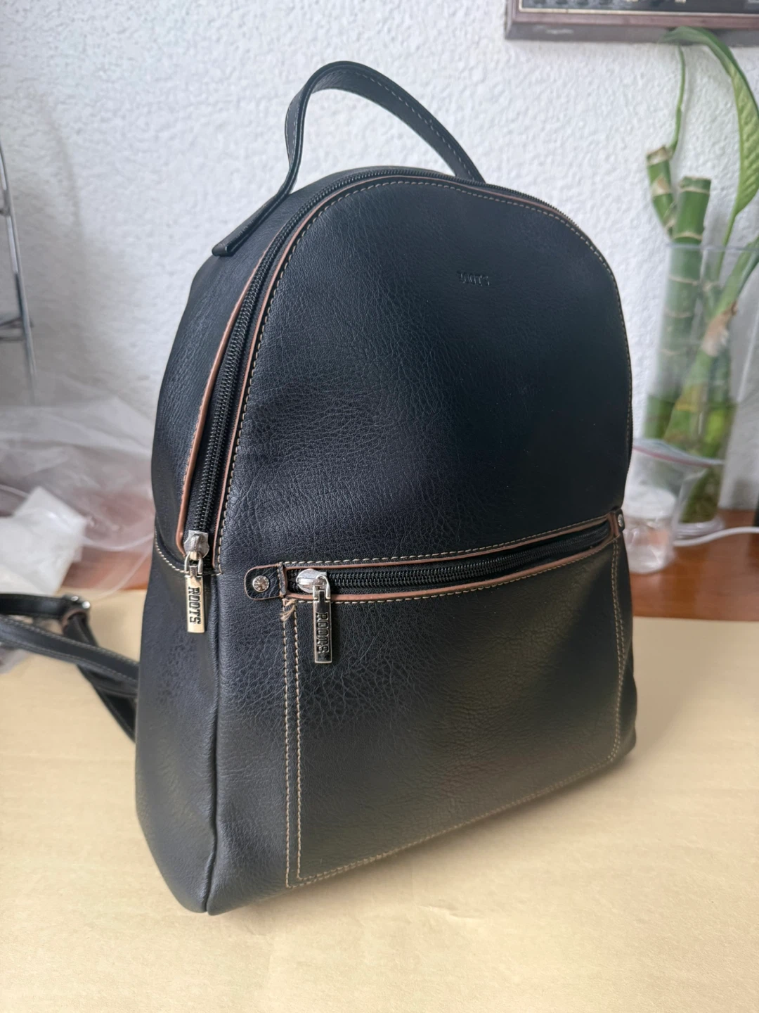 Roots Black Leather Backpack