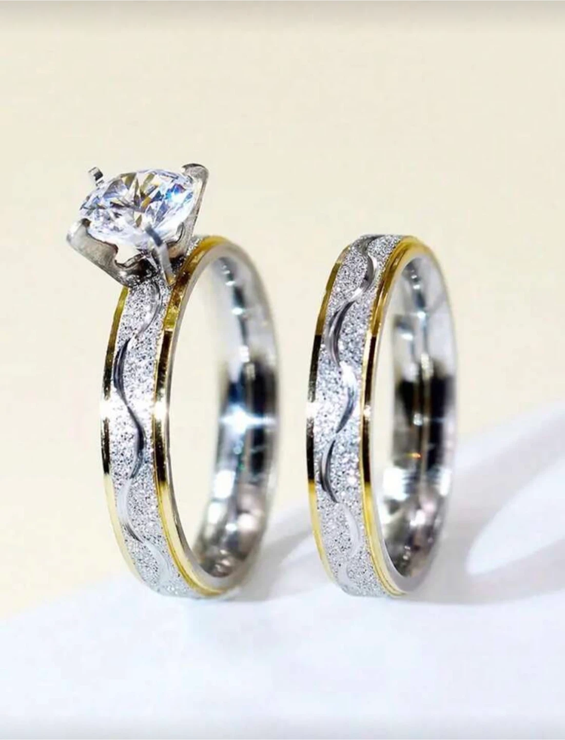 Two-Piece Wedding Ring Set with Clear Stone
