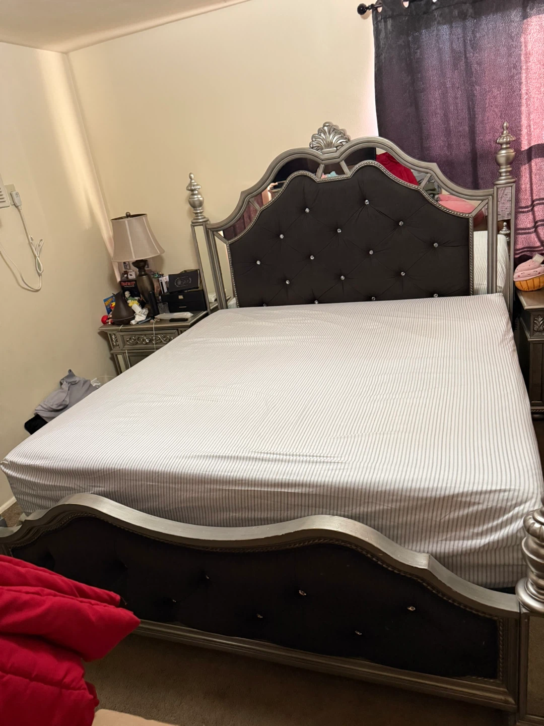 Glam Silver Tufted Bed Frame with Mirrored Accents