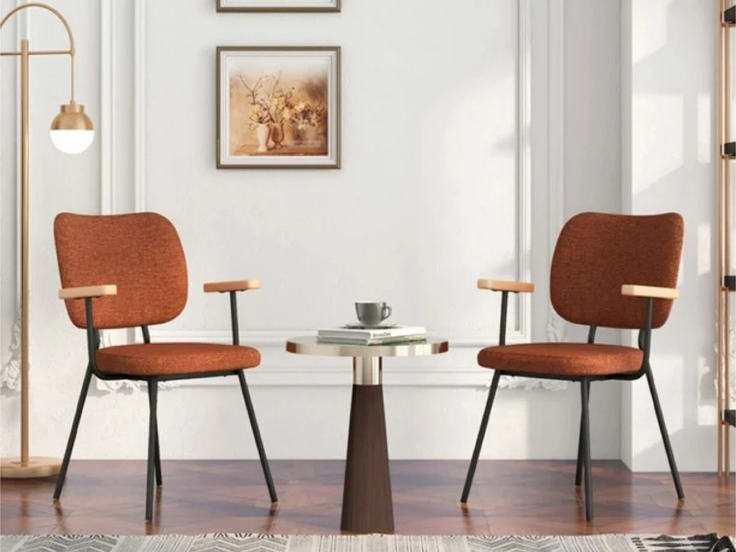 Set of 2 Arm Chairs - Rust Upholstery, Black Metal Frame - photo 2