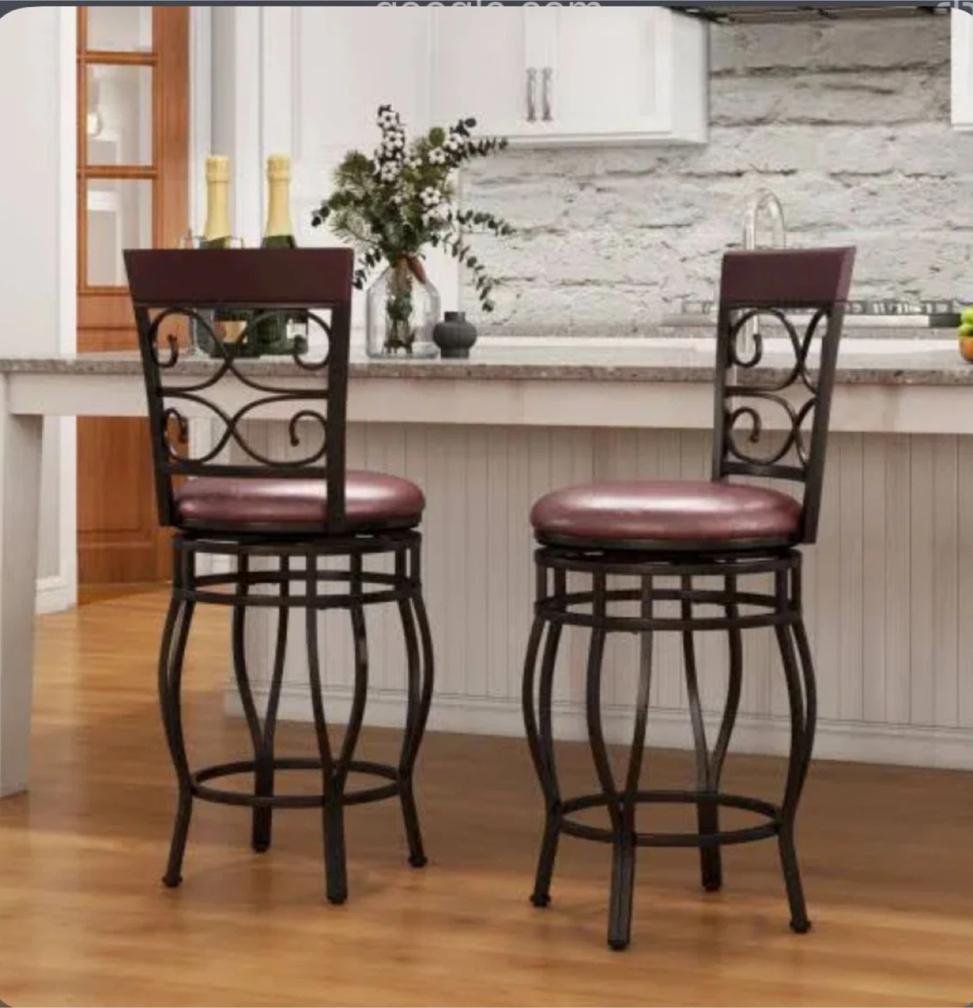 Swivel Bar Stools with Burgundy Cushions (Set of 2)