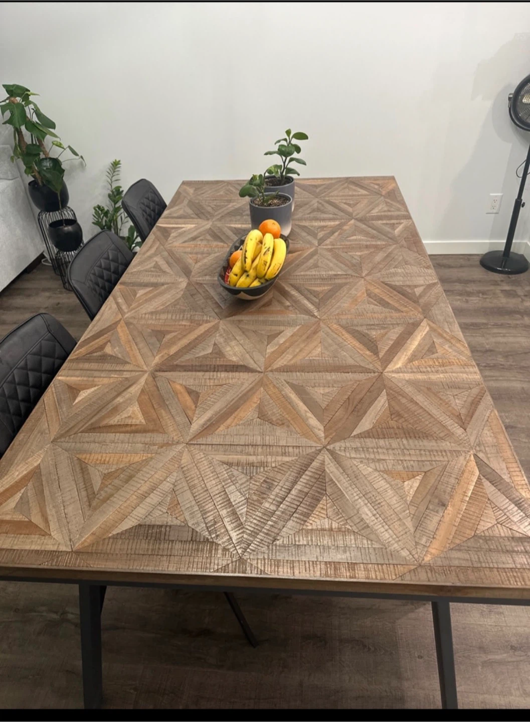 Rustic Wood Dining Table with Geometric Pattern