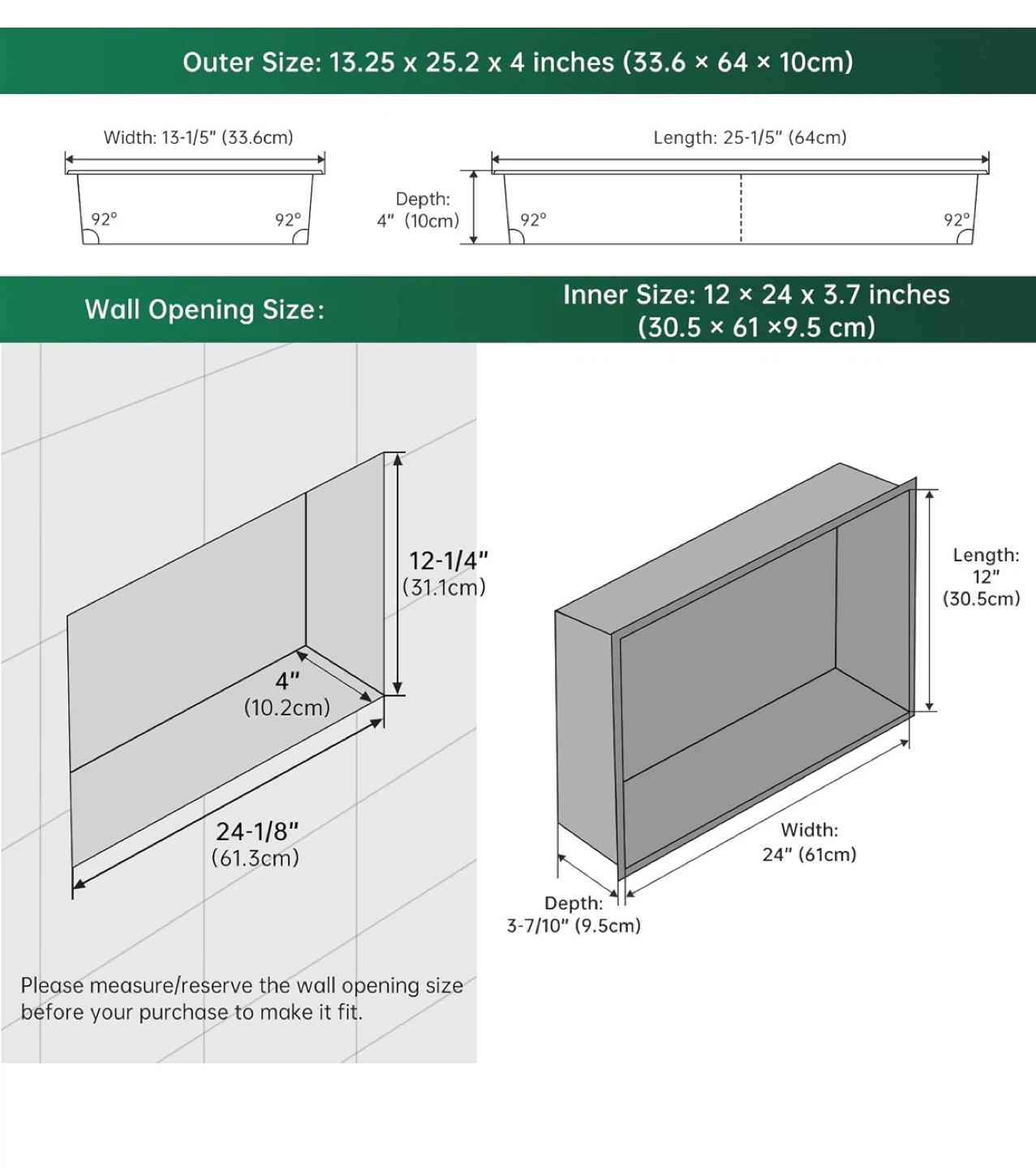 APPASO Shower Niche NO Tile Needed 12" x 24" Single Shelf - photo 3